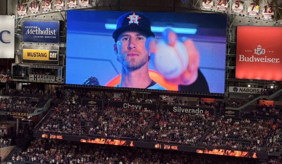 Josh Hader appears on the Daikin Park videoboard before closing out the Astros' 5-4 win over the Rangers.