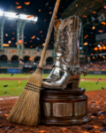 Silver Boot trophy with a broom on the field after the Astros completed a sweep of the Rangers.