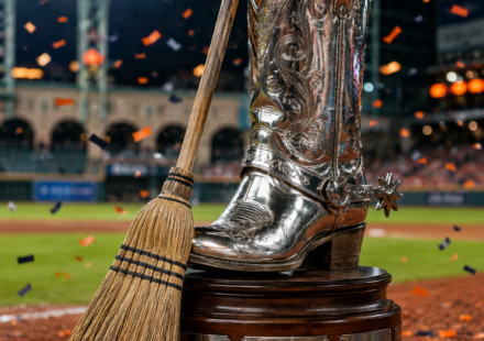 Silver Boot trophy with a broom on the field after the Astros completed a sweep of the Rangers.