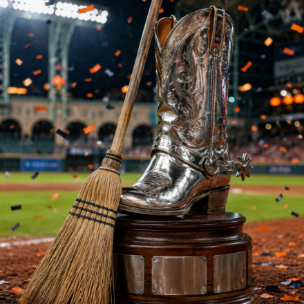 Silver Boot trophy with a broom on the field after the Astros completed a sweep of the Rangers.