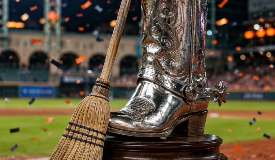 Silver Boot trophy with a broom on the field after the Astros completed a sweep of the Rangers.