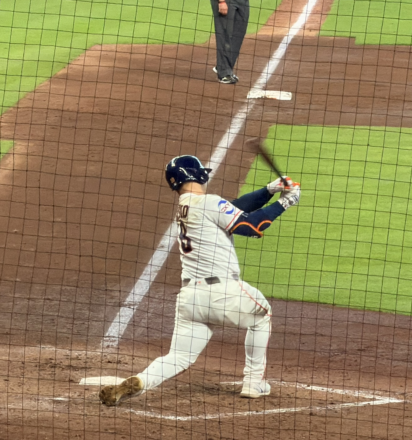 Houston Astros outfielder Daulton Varsho follows through on a swing at Daikin Park.