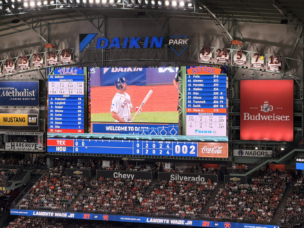 The board at Daikin Park shows LaMonte Wade Jr.