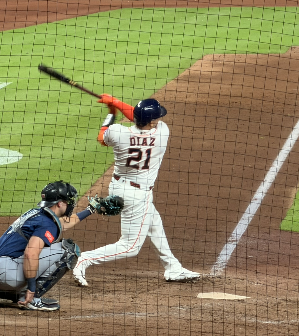 Yainer Diaz bats at the plate at Daikin Park.