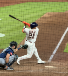 Yainer Diaz bats at the plate at Daikin Park.
