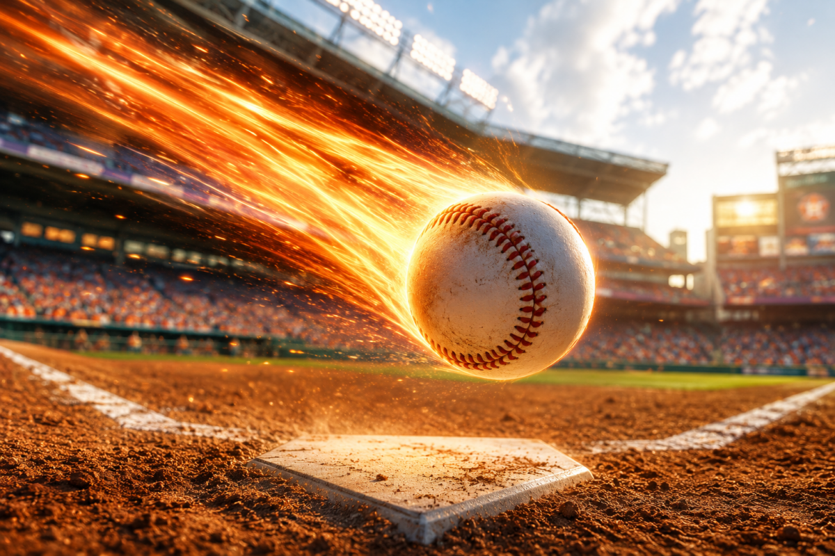 A baseball with a trail of fiery sparks speeds toward home plate.