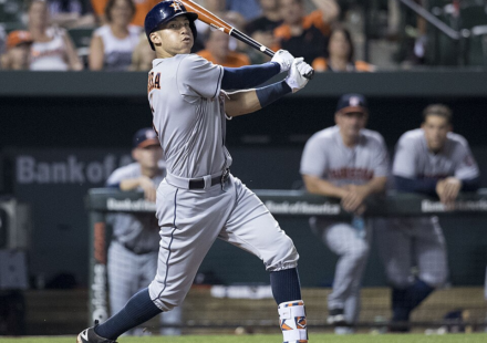 Carlos Correa swings away for the Houston Astros.
