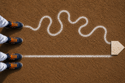 Two pairs of baseball cleats face home plate, with one winding chalk path and one straight path leading across the infield dirt.