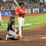 Houston Astros' shortstop Jeremy Peña at bat at Daikin Park.