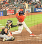Houston Astros rookie Cam Smith swings during an at-bat at Daikin Park during the 2026 season.