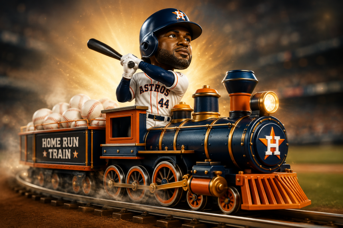 Illustration of Yordan Alvarez riding the Astros Home Run Train loaded with baseballs inside a ballpark.