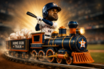Illustration of Yordan Alvarez riding the Astros Home Run Train loaded with baseballs inside a ballpark.