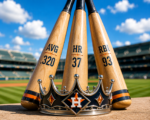 Three baseball bats displaying Yordan Alvarez’s .320 average, 37 home runs, and 93 RBI behind a Triple Crown in a sunny ballpark.