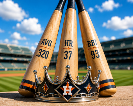 Three baseball bats displaying Yordan Alvarez’s .320 average, 37 home runs, and 93 RBI behind a Triple Crown in a sunny ballpark.