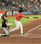 Jake Meyers swings at a pitch during an Astros game at Daikin Park.