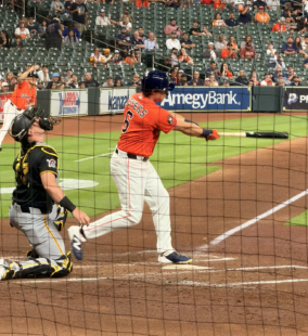 Jake Meyers swings at a pitch during an Astros game at Daikin Park.