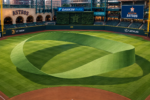 A giant Möbius strip loops across the outfield at Daikin Park.