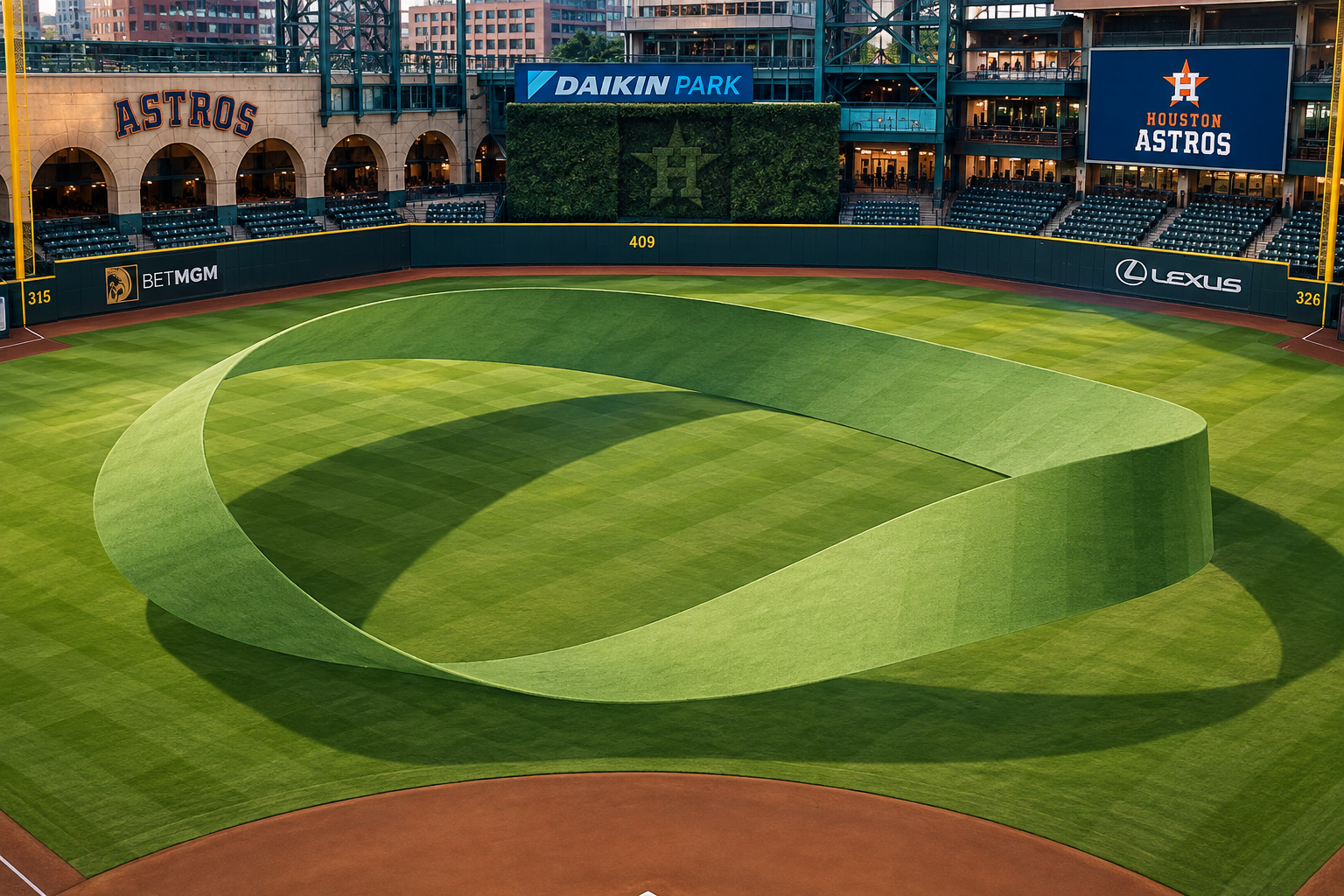 A giant Möbius strip loops across the outfield at Daikin Park.
