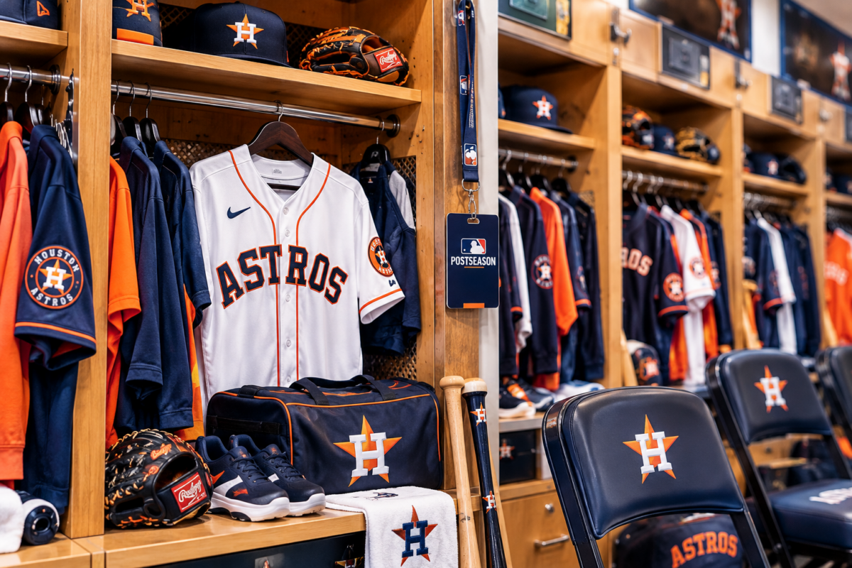 Houston Astros uniforms and equipment fill a brightly lit clubhouse locker beside an MLB Postseason credential.