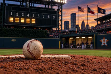 Baseball rests on the pitcher’s mound with five innings illuminated on the scoreboard and the Astros bullpen waiting beyond the outfield.