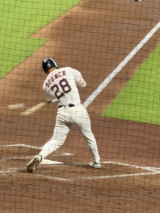 Lucas Spence follows through on a swing at Daikin Park during the 2026 season.