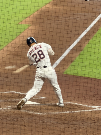 Lucas Spence follows through on a swing at Daikin Park during the 2026 season.