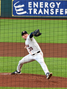 Hayden Wesneski delivers a pitch for the Houston Astros at Daikin Park.