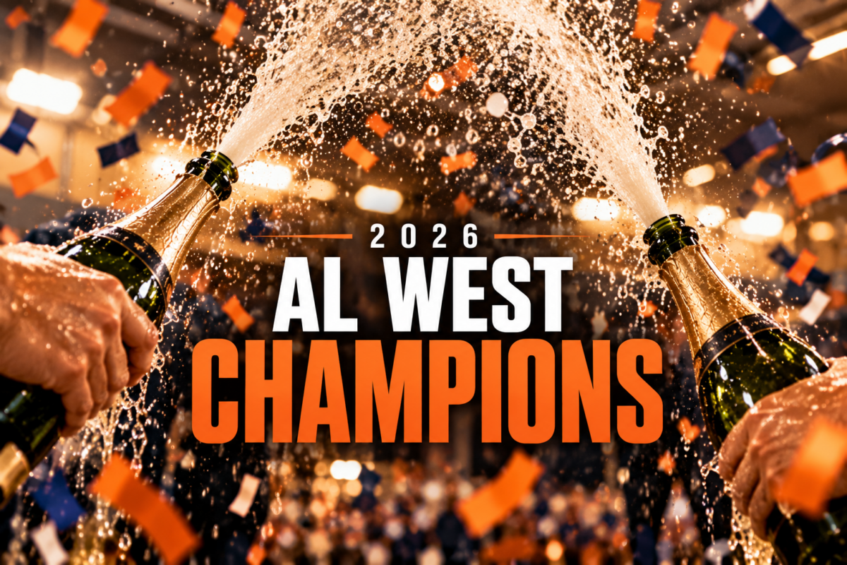 Champagne sprays over orange and navy confetti in a celebratory graphic marking the Astros as 2026 AL West champions.