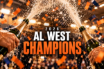 Champagne sprays over orange and navy confetti in a celebratory graphic marking the Astros as 2026 AL West champions.