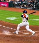 Yainer Diaz swings at a pitch during the Astros-Braves game at Daikin Park.