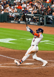 Christian Walker swings at a pitch during an Astros game at Daikin Park.