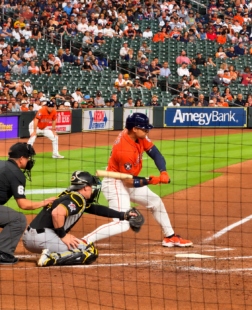 Cam Smith bats for the Houston Astros during a game at Daikin Park.