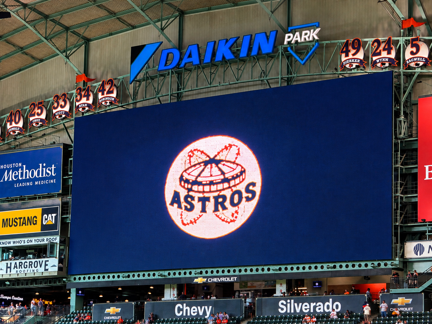 Vintage Houston Astros logo displayed on the video board at Daikin Park.