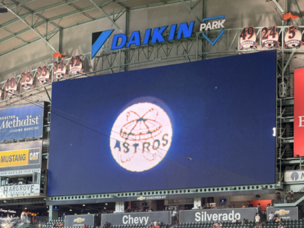 Vintage Houston Astros logo displayed on the video board at Daikin Park.
