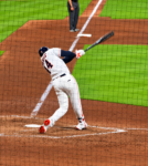 Yordan Alvarez swings for the Crawford Boxes at Daikin Park.