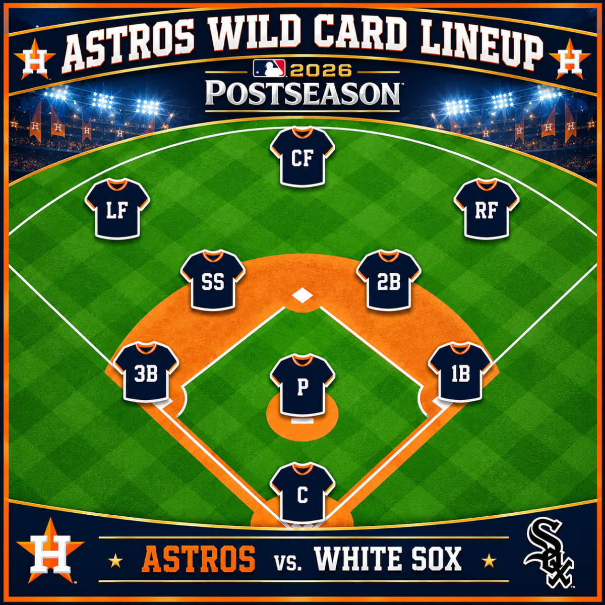 2026 Astros Wild Card lineup graphic featuring a baseball diamond with position markers and Astros vs. White Sox postseason branding.