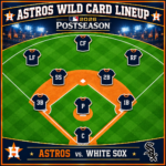 2026 Astros Wild Card lineup graphic featuring a baseball diamond with position markers and Astros vs. White Sox postseason branding.