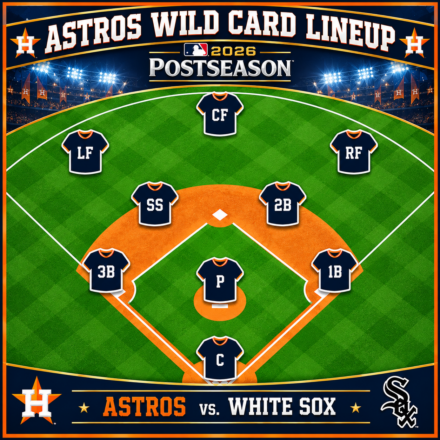 2026 Astros Wild Card lineup graphic featuring a baseball diamond with position markers and Astros vs. White Sox postseason branding.
