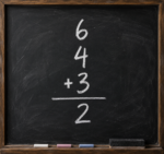 Chalkboard showing “6-4-3=2,” baseball scorekeeping shorthand for a double play from the shortstop to the second baseman to the first baseman, resulting in two outs.