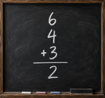 Chalkboard showing “6-4-3=2,” baseball scorekeeping shorthand for a double play from the shortstop to the second baseman to the first baseman, resulting in two outs.