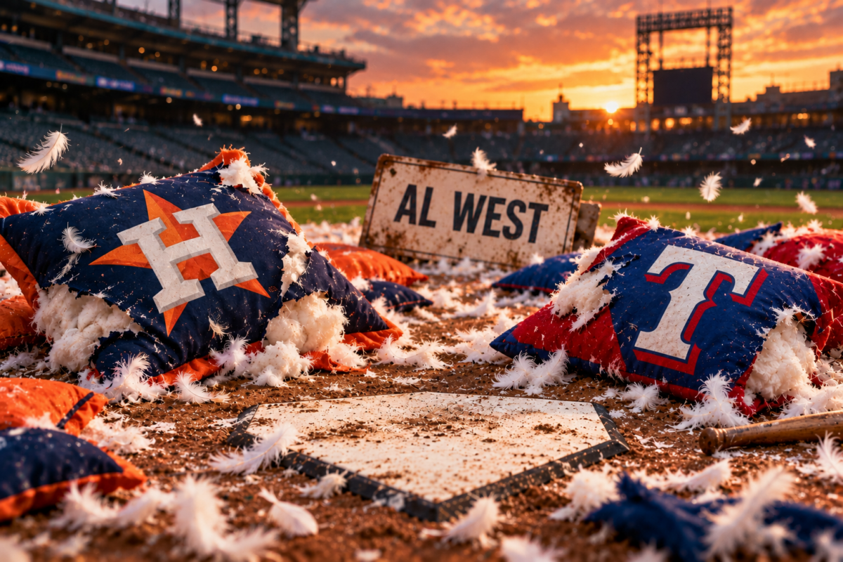 Torn Astros and Rangers pillows and scattered feathers surround home plate beneath an AL West sign as the sun sets over an empty baseball stadium.