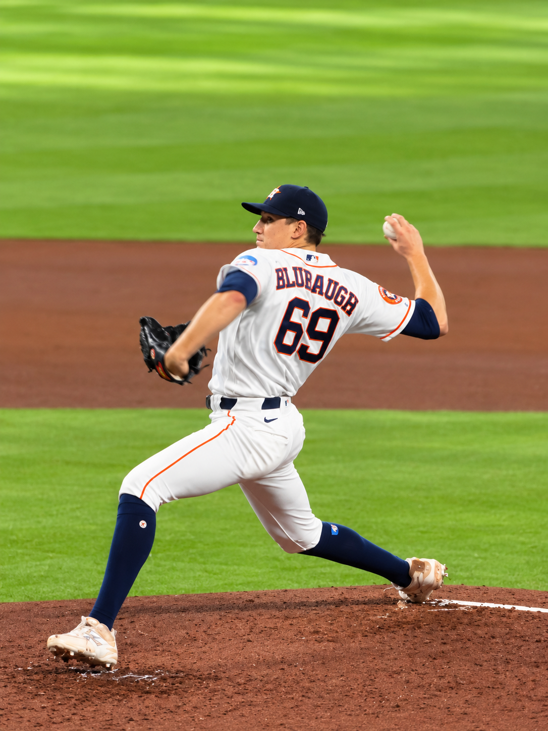 AJ Blubaugh delivers a pitch for the Houston Astros at Daikin Park.