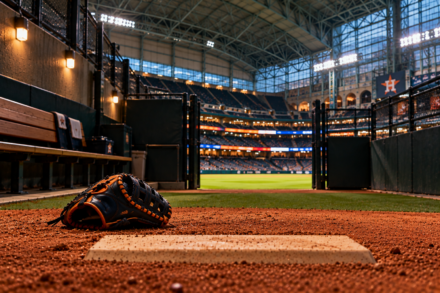 Astros bullpen glove rests beside the mound with the open gate and Daikin Park field beyond.