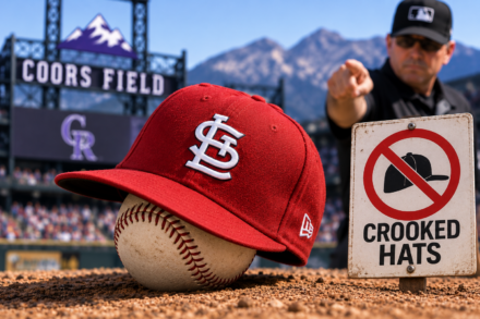 A crooked Cardinals cap rests on a baseball at Coors Field beside a sign prohibiting crooked hats as an umpire points in the background.