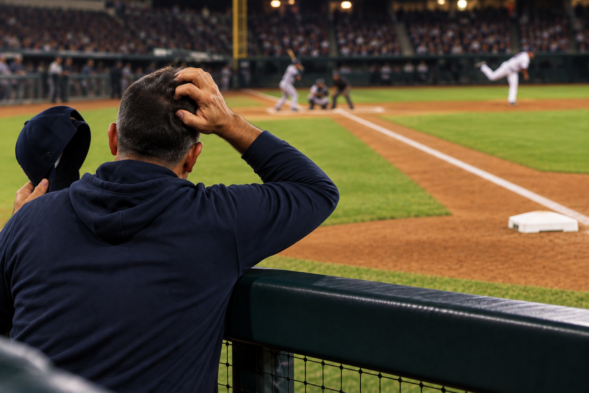 Baseball manager scratching his head in the dugout while looking toward an open first base.