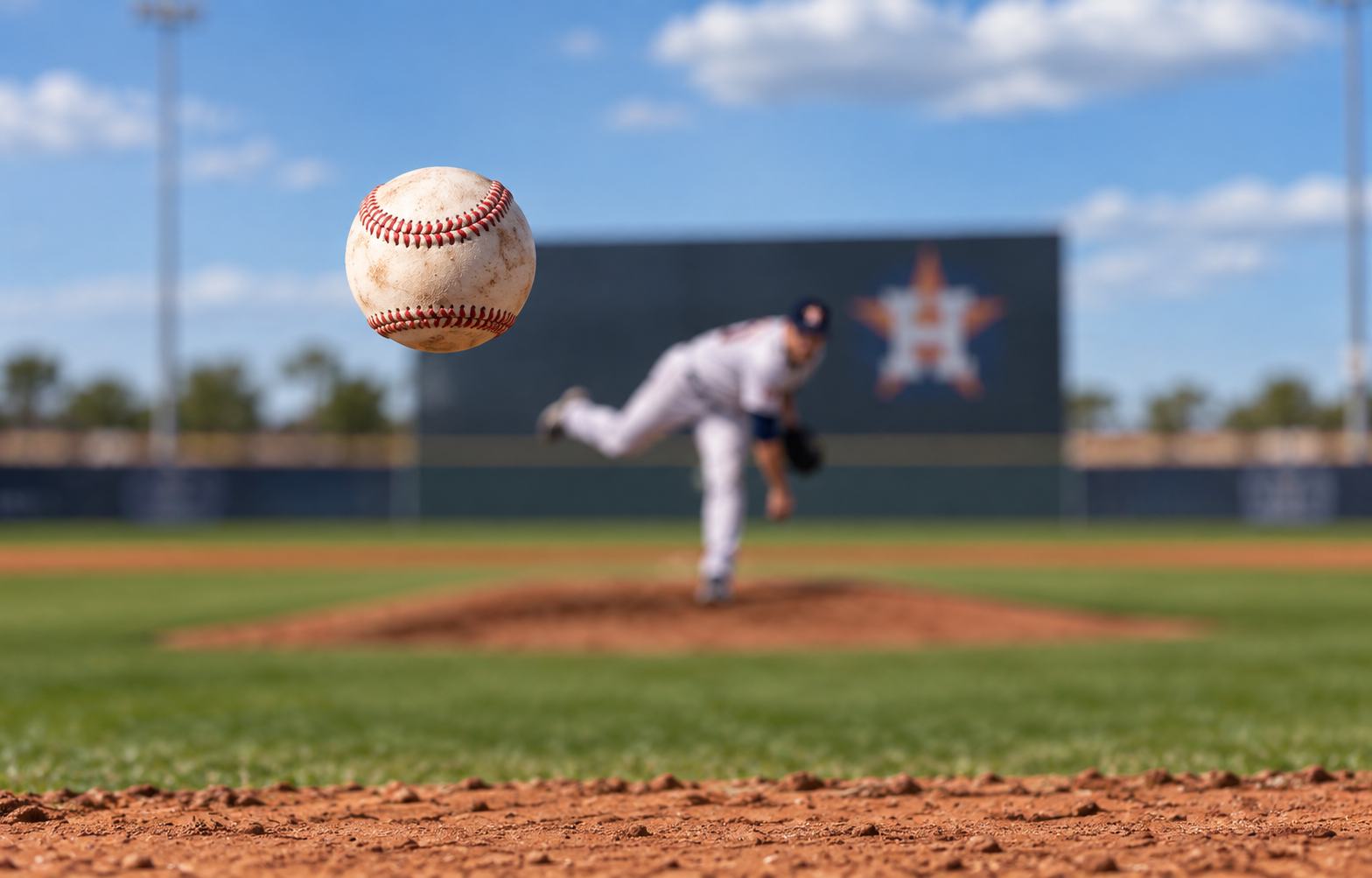Baseball flying toward the camera as a pitcher completes his delivery on the mound, with the pitcher and Astros-themed ballpark blurred in the background.