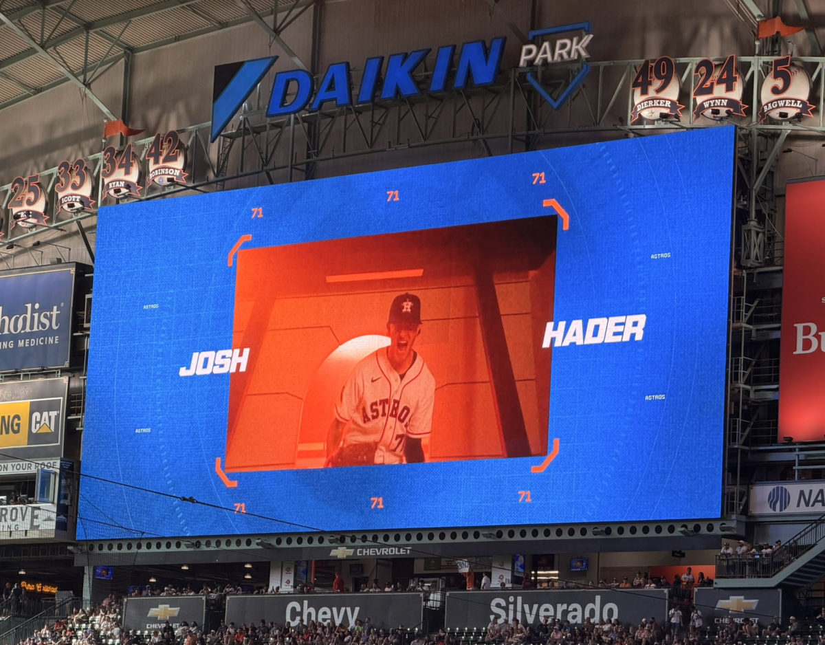 Josh Hader appears on the Daikin Park video board during an Astros game.