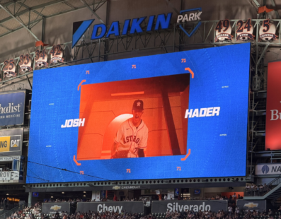 Josh Hader appears on the Daikin Park video board during an Astros game.