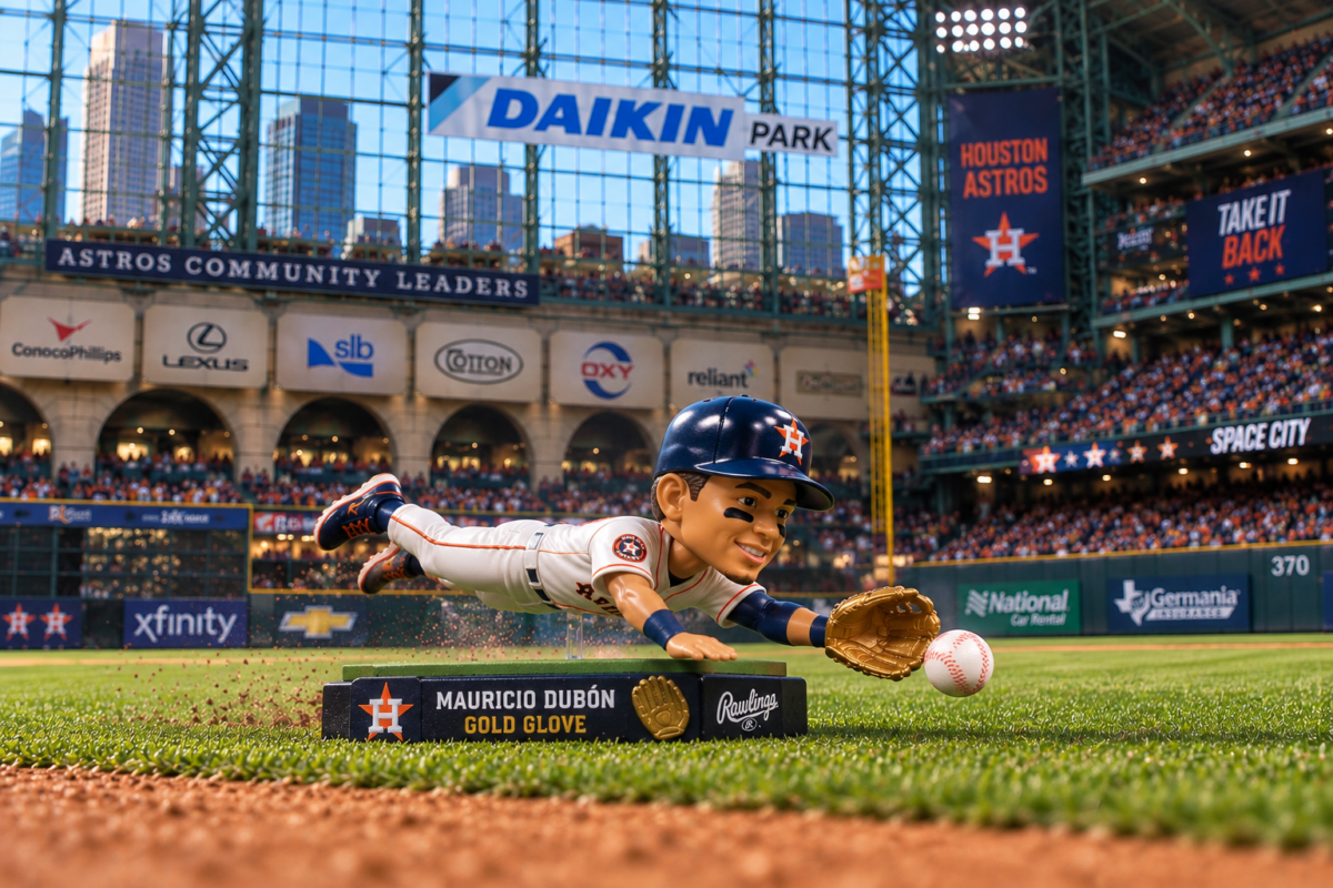Mauricio Dubón Gold Glove bobblehead makes a diving play on the field at Daikin Park.