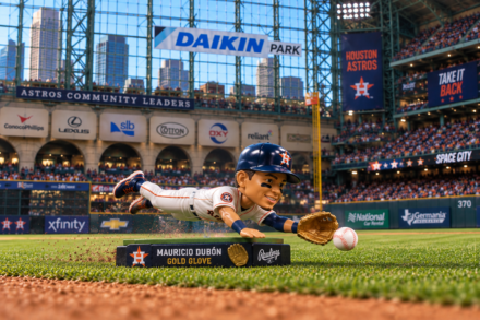 Mauricio Dubón Gold Glove bobblehead makes a diving play on the field at Daikin Park.